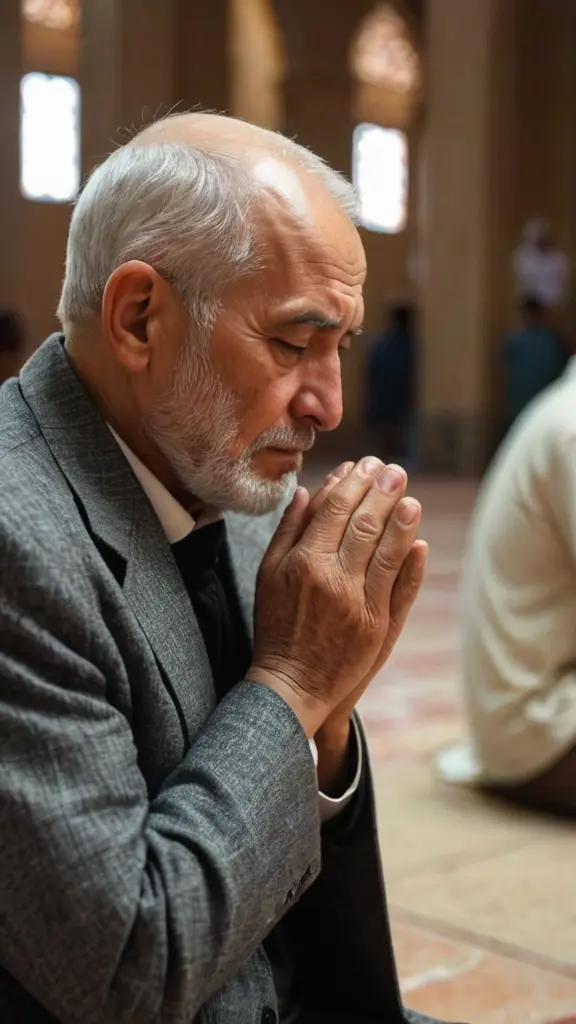 رجل كبير في السن حزين يبكي وهو يصلي في المسجد 