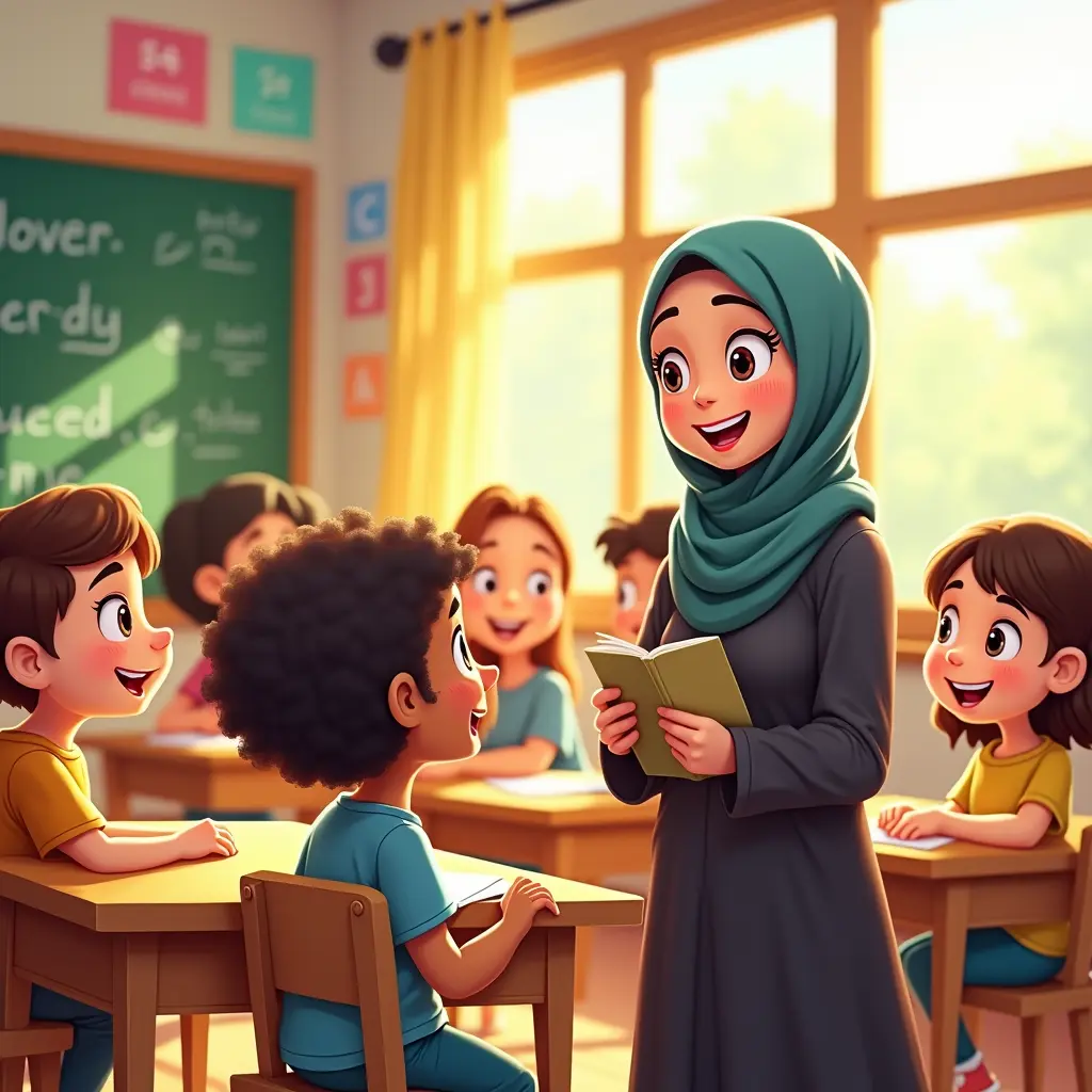 رسم كاريكاتوري مبهج لمعلمة محجبة ومنقبة تقف في مقدمة فصل دراسي يعجّ بالتلاميذ الصغار المبتسمين والمنخرطين في دروسهم. الفصل الدراسي مضاء بنور الشمس الساطع، حيث تتدفق أشعة الشمس عبر النوافذ الكبيرة، مُلقيةً ظلالاً دافئة على وجوه التلاميذ. تتميز الخلفية بملصقات تعليمية ملونة وكتابات على السبورة، مما يضفي جوًا من الود والترحاب. أسلوب الرسوم المتحركة حيوي ونابض بالحياة، مع لمسات مبالغ فيها تُبرز الأجواء المرحة. تُعبّر عينا المعلمة المعبرة عن الدفء والتشجيع، بينما ينظر إليها التلاميذ باهتمام وحماس. يُجسّد هذا المشهد بيئة تعليمية متناغمة وشاملة في رسم كاريكاتوري مُفصّل.