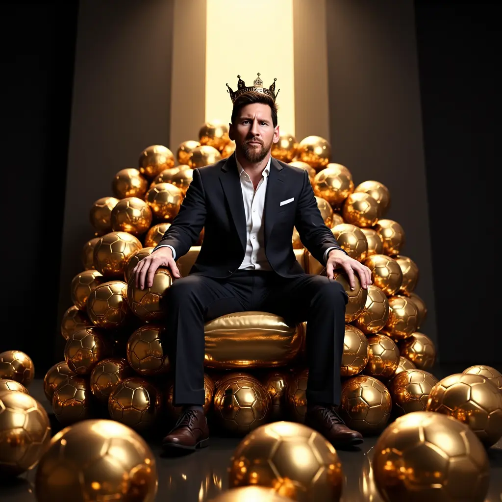 Lionel Messi sitting on a majestic throne made entirely of golden footballs, inspired by the Iron Throne from Game of Thrones, highly detailed, cinematic lighting with dramatic shadows, Messi wearing a simple elegant crown and a modern royal-style suit, serious and calm expression, background is dark and powerful with a spotlight on Messi, gold reflections from the footballs around him, ultra realistic style, wide aspect ratio, epic and regal atmosphere, high contrast, photorealistic texture, sharp facial details, the mood is iconic and timeless