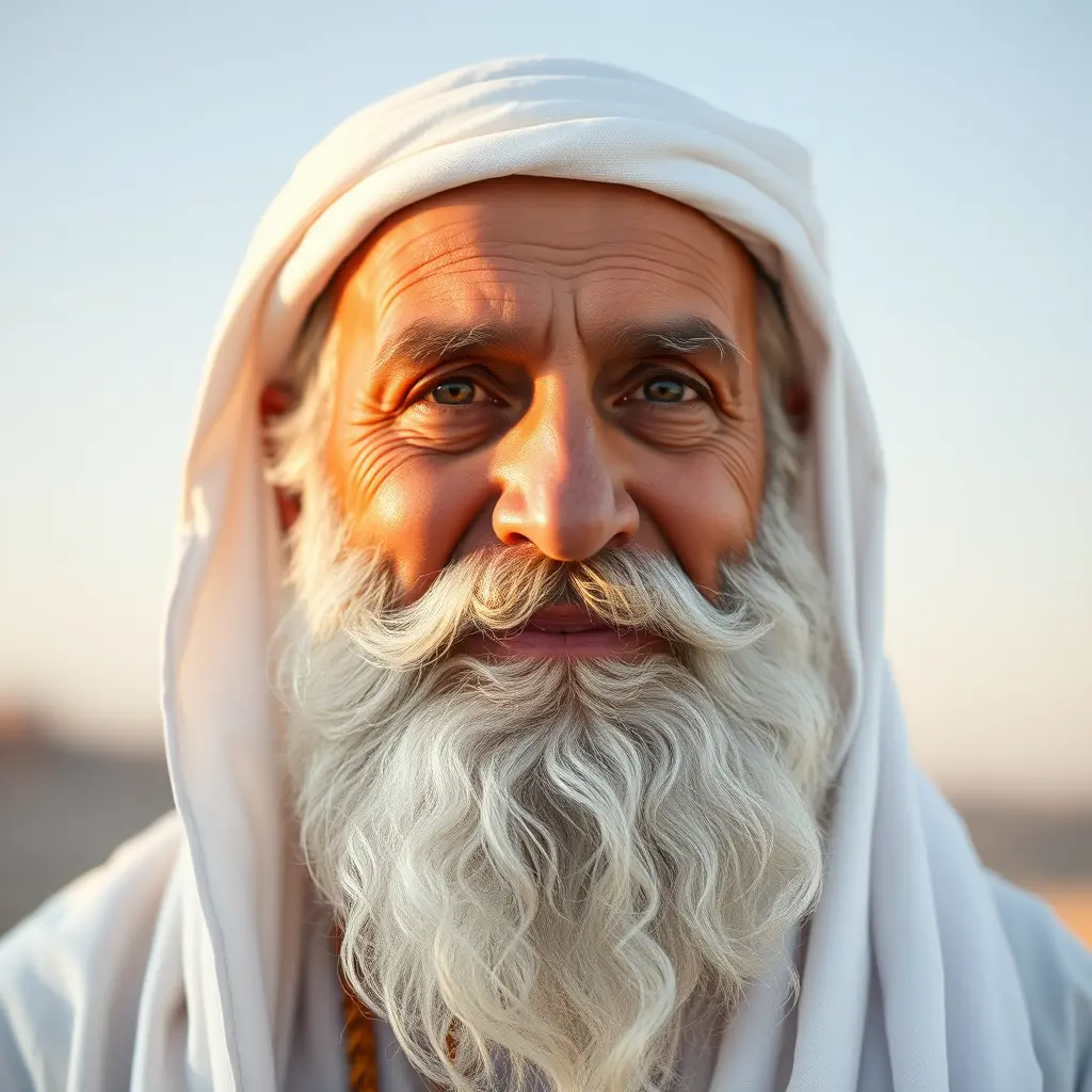 صورة لشيخ عربي قديم ذو لحية بيضاء تبدو عليه الحكمة وملئه النور ذو وجه مدور استبدلها لو سمحت