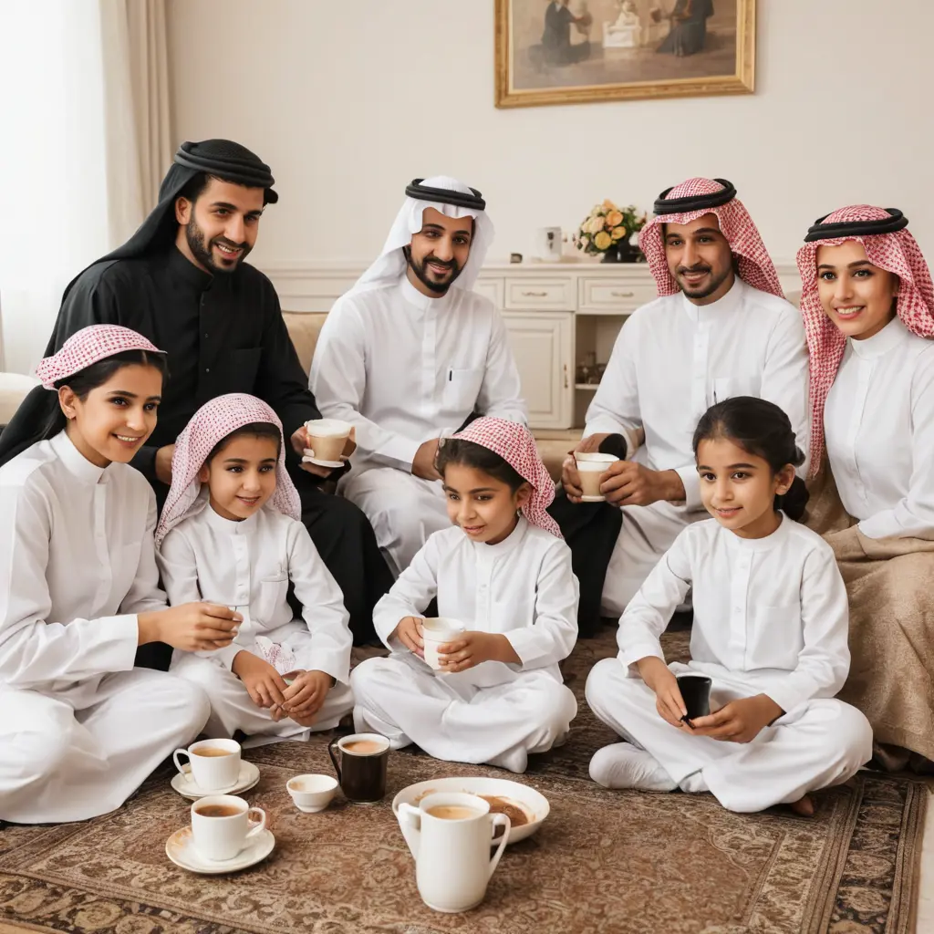 عائلة سعودية مكونا ٩ أشخاص ٦ عيال ثلاث بنات يشربونا القهوة السعودية وهم جالسين