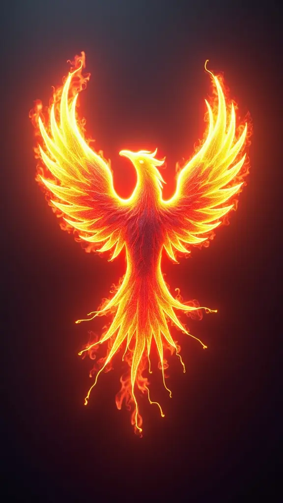 شعار طائر العنقاء يخرج من نيران رقمية، بمظهر مستقبلي وألوان نيون مضيئة، ثلاثي الأبعاد