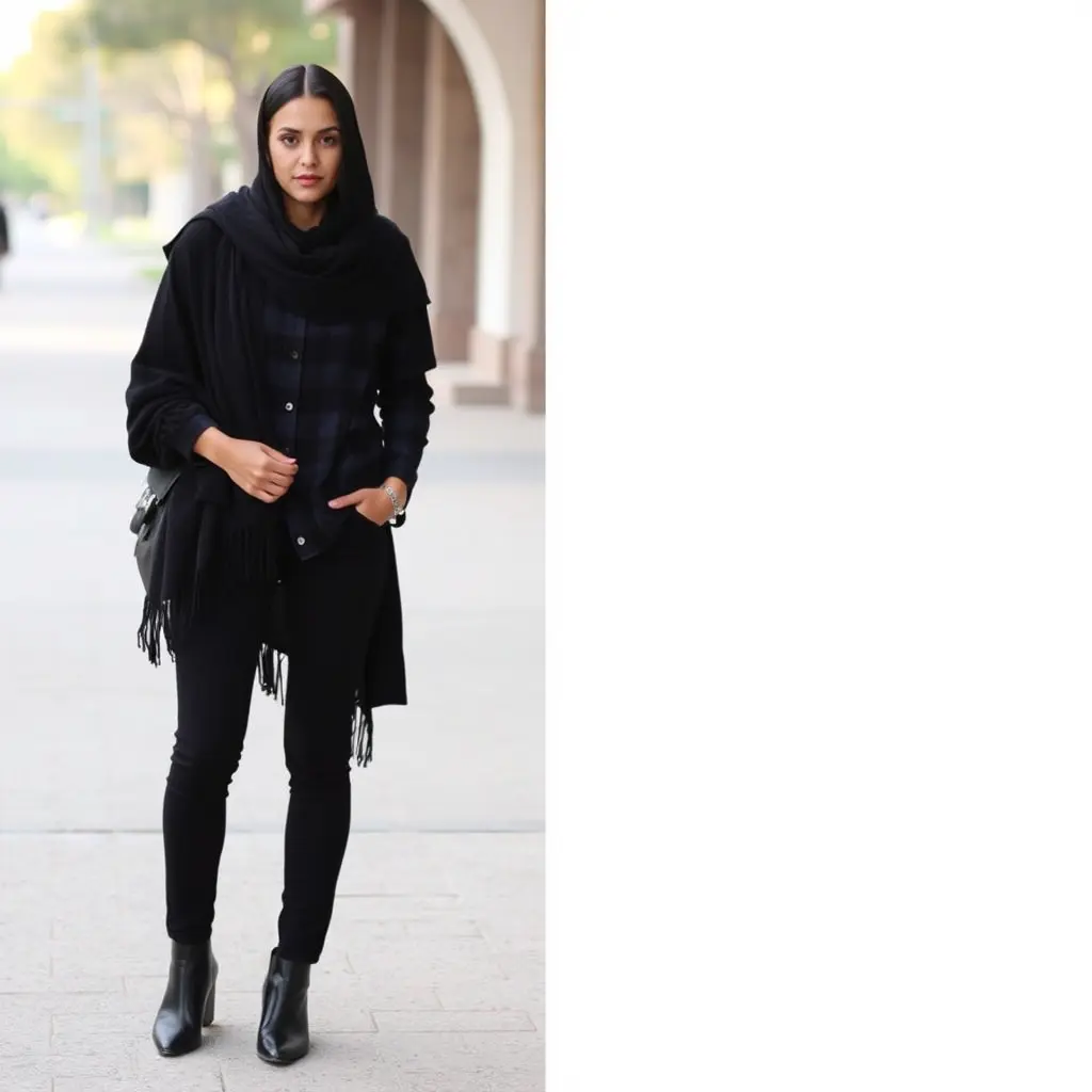 اريظ ان اكون ارتدي قميص كاروهات نهدي واسود اللون مع بنطال اسود وشالة سوداء عيناي عسليتان وان امون محجبة وطويلة
