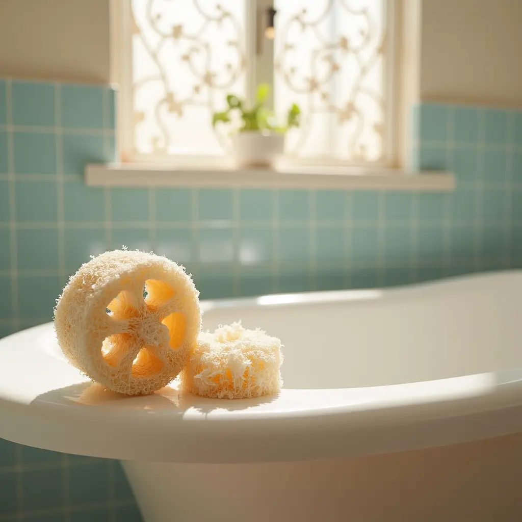 A weathered, golden-brown loofah sponge lies artfully beside a elegant, porcelain-edged bathtub in a serene bathroom with soft, pale blue tiles and creamy white walls, illuminated by warm, gentle morning sunlight spilling through a window adorned with delicate, floral patterns, the atmosphere evoking a sense of tranquility and relaxation.