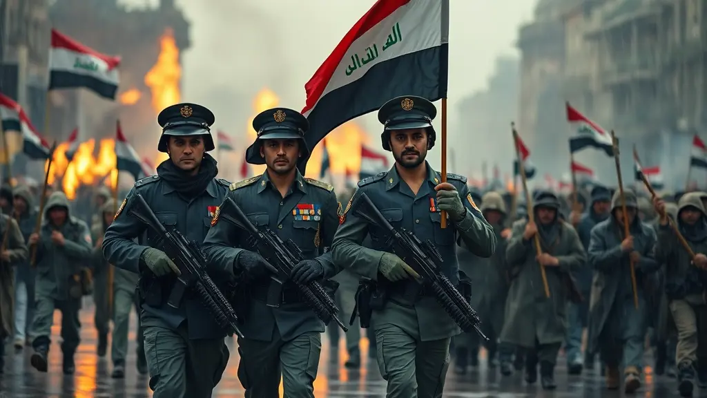 اربع ظباط اربعة يقودون ثورة خلفهم ناس ثورة ويحملون عصيان ونار والظباط يحملون علم عراقي 🇮🇶ومدينة محترقة والطقس ممطر