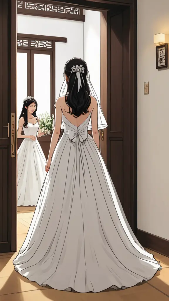 رسمة مانهوا كورية لعروس من الخلف بفستان ابيض منفوش وشعر اسود مربوط مثل كرة وترتدي طرحة تمشي واقفة امام باب قاعة الزفاف