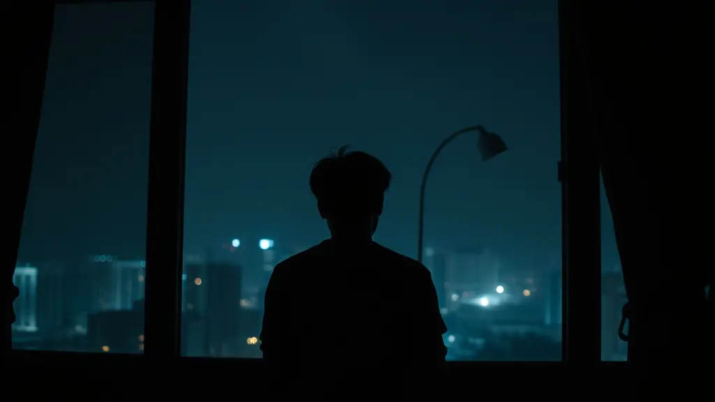 شخص ينظر من الشباك ليلا في جو غموض