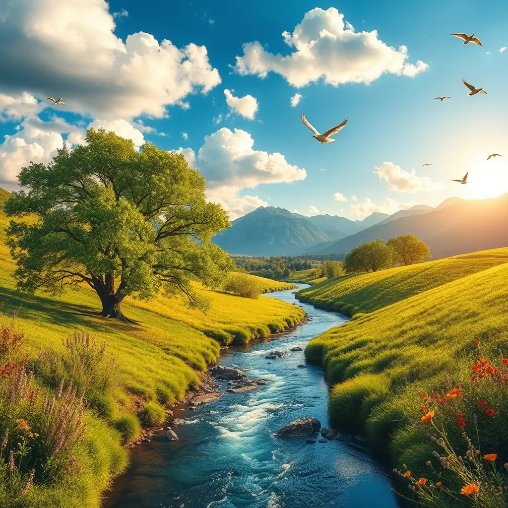 إنشاء صورة:
طبيعة خلابة تمتزج فيها العناصر الساحرة. تلال خضراء تمتد بلا نهاية تحت سماء زرقاء صافية تتخللها سحب بيضاء ناعمة. في المنتصف، يجري نهر عذب يعكس بريق الشمس ويحيط به أشجار ضخمة بأوراق متمايلة، تتناثر بينها زهور برية بألوان زاهية. على الأفق، تلوح جبال شامخة يغمرها ضوء الشمس الذهبي مع نسيم عليل يمر عبر الحقول. الطيور تحلق فوق المياه، والفراشات تتنقل برقة، مما يضفي روح الحياة والجمال على المشهد.
