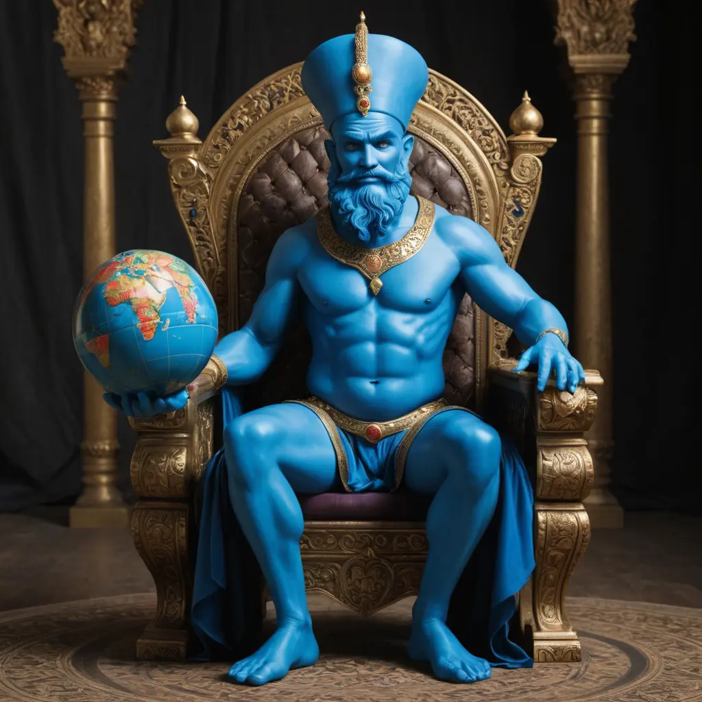 جني ازرق يجلس على العرش ويحمل كرة الأرضية