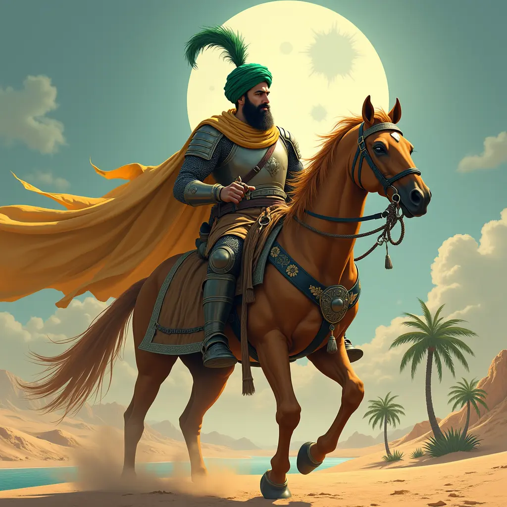 فارس عربي وجهه يشع نور كالقمر على رأسه عمامه خضراء وفيها ريشة نعامه خضراء يرتدي درع حربي جلدي ضخم البنيه شاهر السيف بيد والرايه بيد من الزمن العثماني يركب حصان شاهق في ارض صحراء فيها نهر كبير ونخل كثير