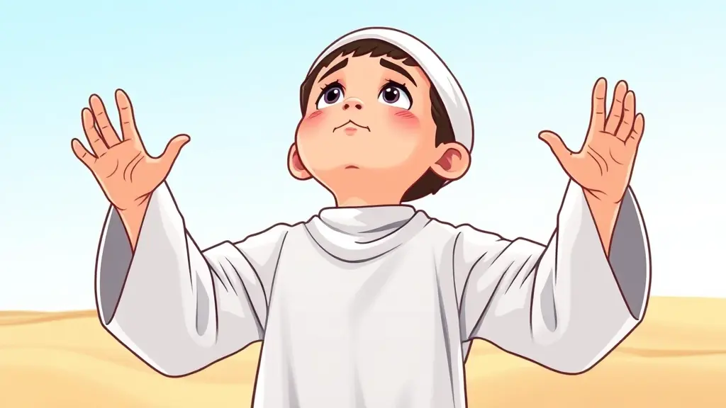 صورة كرتونية لصبى مسلم ويرتدى جلباب ابيض باكمام طويله فتح يده موجه راسه للسماء يدعو الله فى خشوع وخضوع وهو فاتح رديه