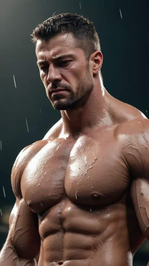 صورة لرجل معضل جسمه مليء بالعضلات واقف وهو  حزين تسيل الدموع من عينيه سلوب الانيميشن