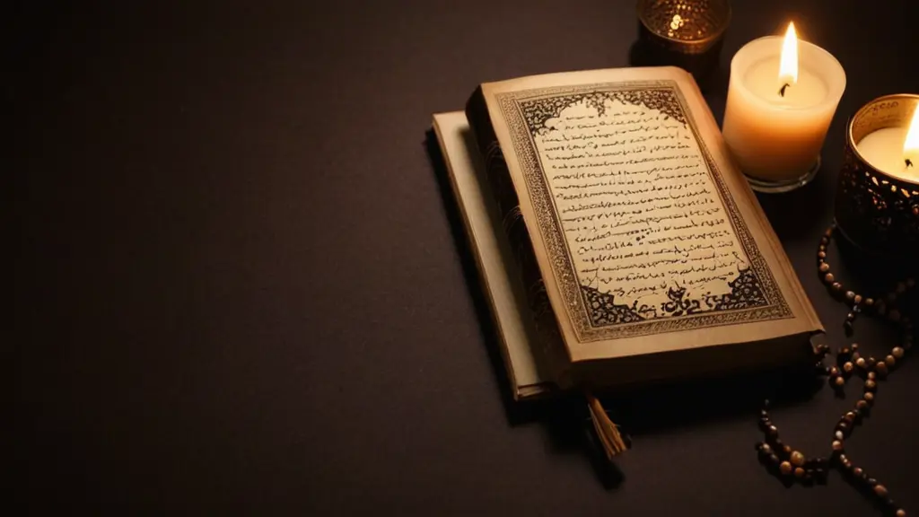 اريد خلفية باللون البني الداكن مع زخارف عربية باللون البني الفاتح مع كتاب مفتوح وقام الحبر تحت اضائة خفيفة بالشموع