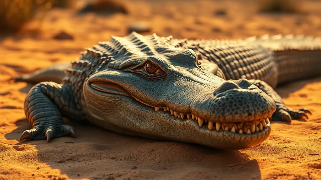 تمساح موريتاني كبير يستمتع بأشعة الشمس الدافئة على ضفة نهر رملية، وتنعكس في عينيه انعكاسات مناظر السافانا المحيطة. صُوّر التمساح بأسلوب رسم رقمي متقن، يجسد الألوان والقوام الغنية للمناظر الطبيعية الأفريقية. صُوّر المشهد في منتصف النهار، حيث يُبرز الضوء الذهبي الحراشف ويُعزز الواقعية العامة. (فيديو) تُقرّب الكاميرا تدريجيًا وجه التمساح، مُبرزةً حضوره القوي وموطنه الطبيعي.