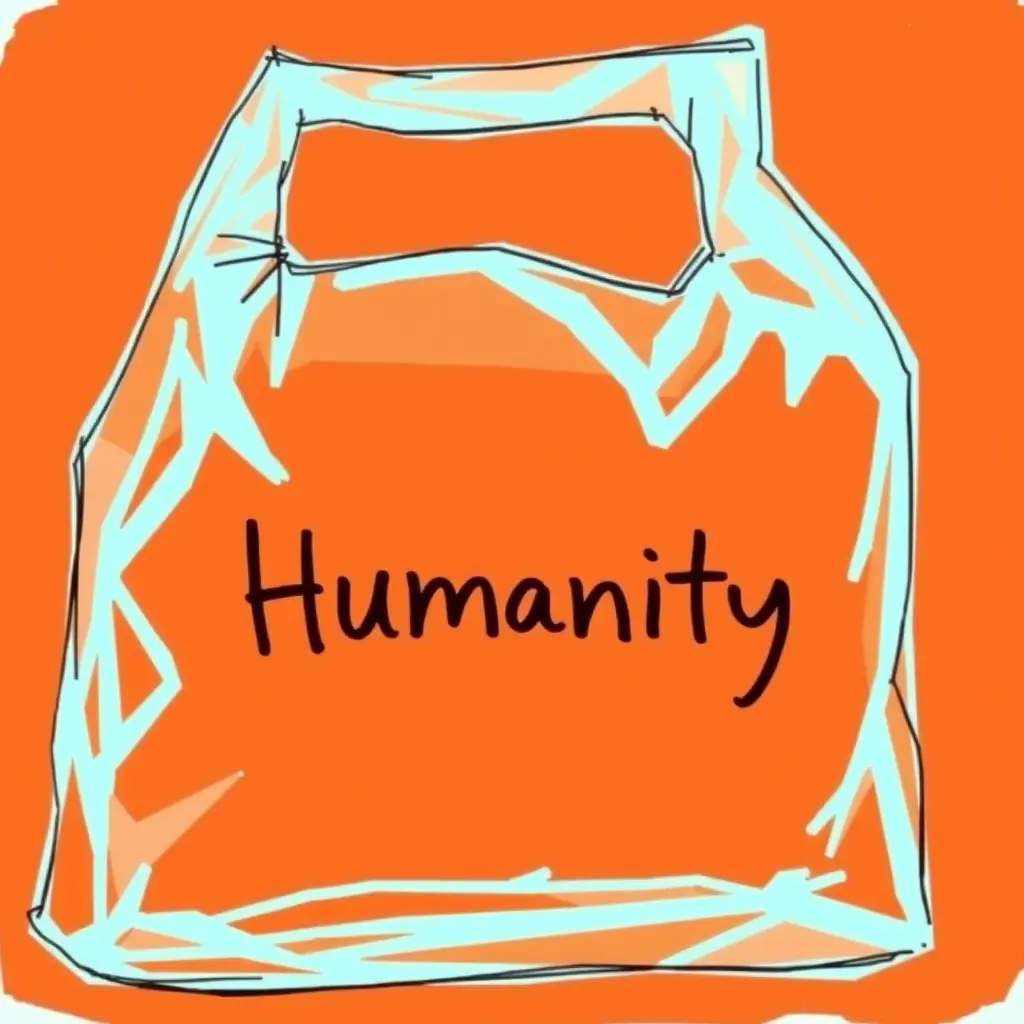  رسم اسكتشات لصورة كيس بلاستيك مكتوب عليه كلمة Humanity " الخلفية لونها برتقالي واحمر