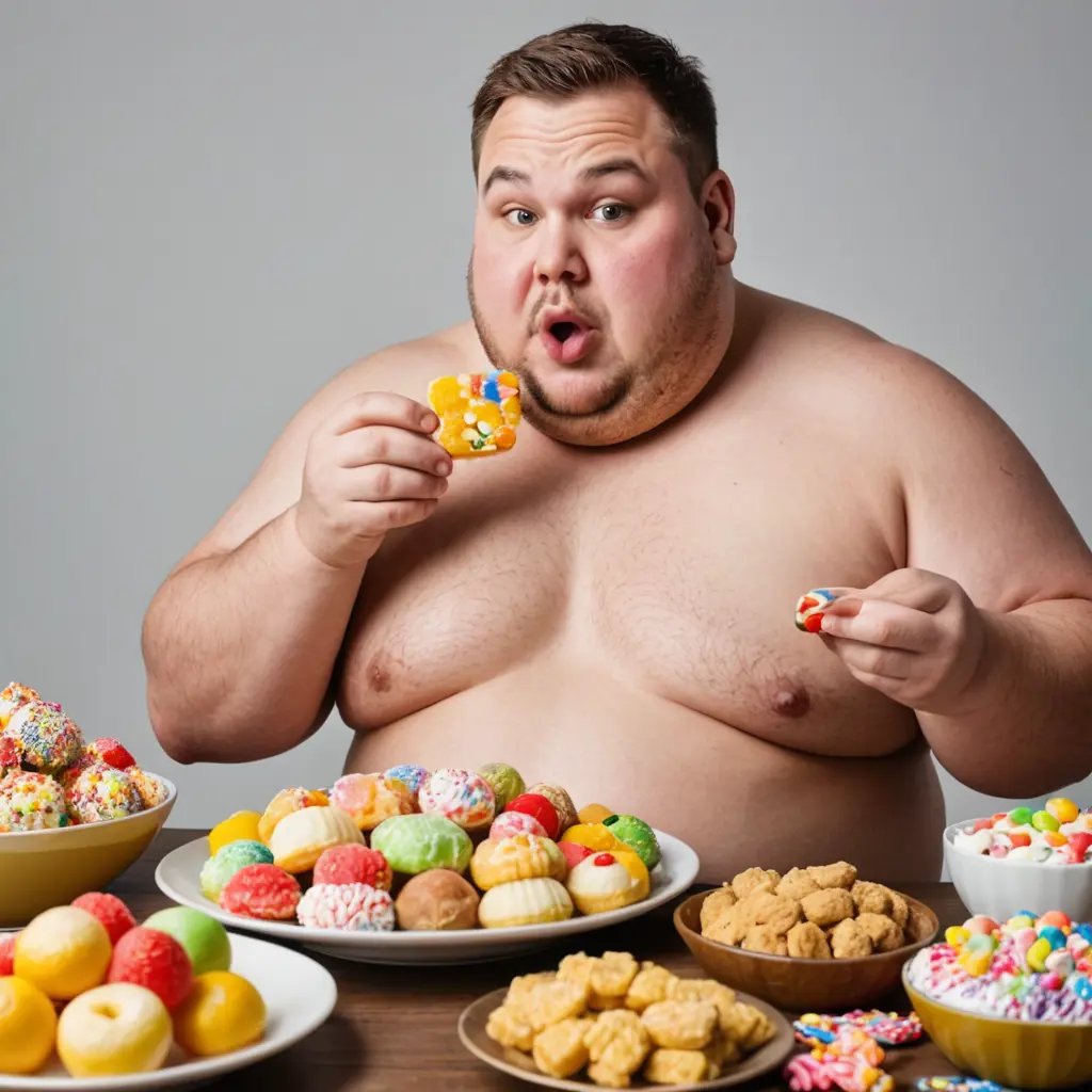 اعملي صوره لرجل سمين وأمامه مجموعه متنوعه من الحلو ويأكل منها بشغف