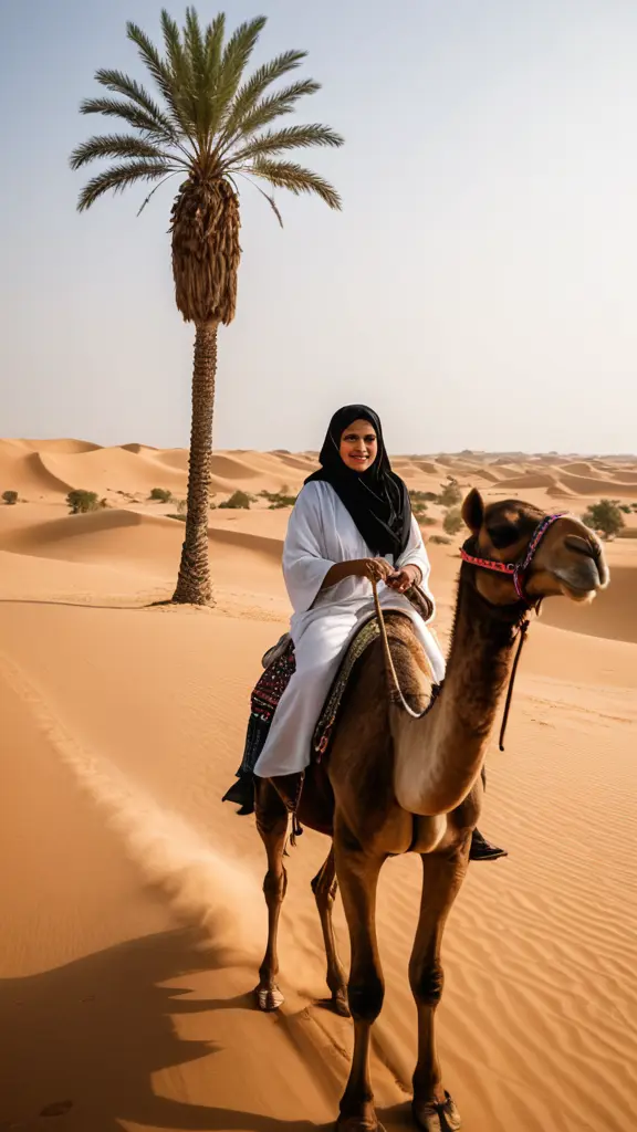 امرأة بدوية تقود الجمل وخلفها كثبان رملية في الصحراء وشجرة نخيل