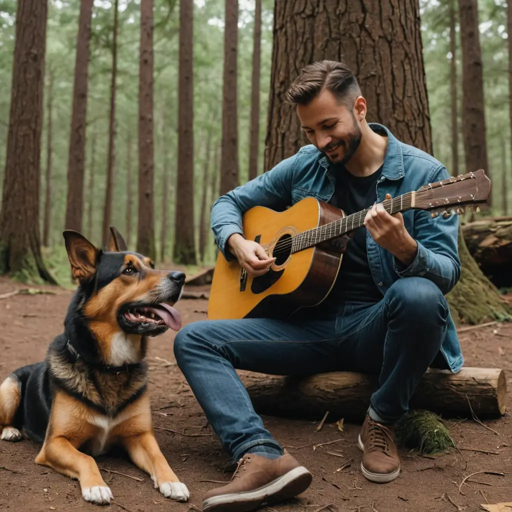 صورة رجل يعزف على غيتار وبجنبه كلب في الغابة