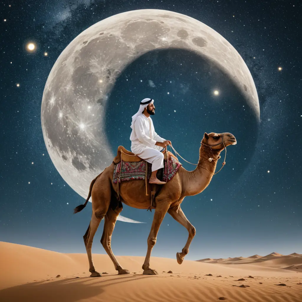 رجل عربي يركب على جمل فوق سطح القمر. الخلفيه مليئة بالنجوم والكواكب