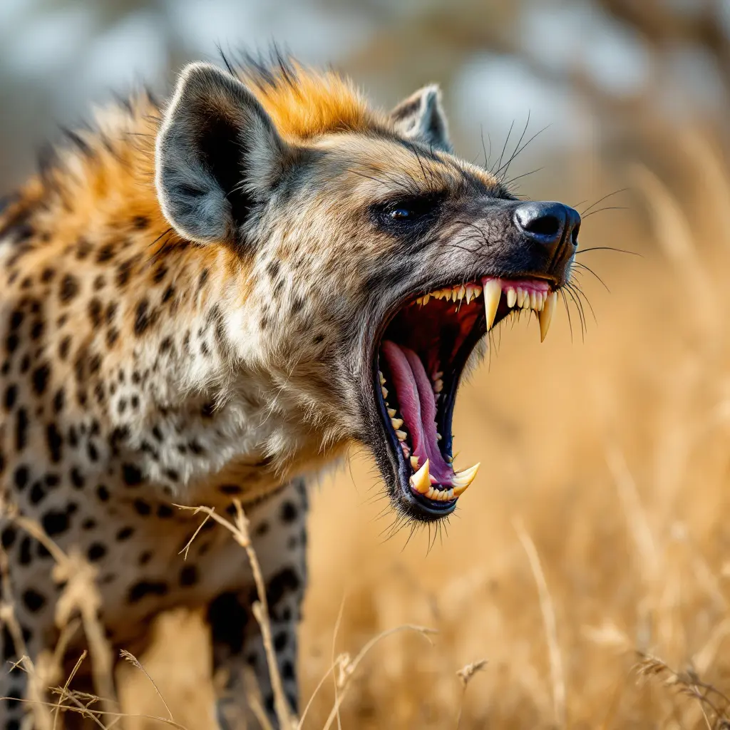 "A spotted hyena snarling with its mouth open, showing strong teeth, in dry African grassland with sunlight, realistic and intense look"