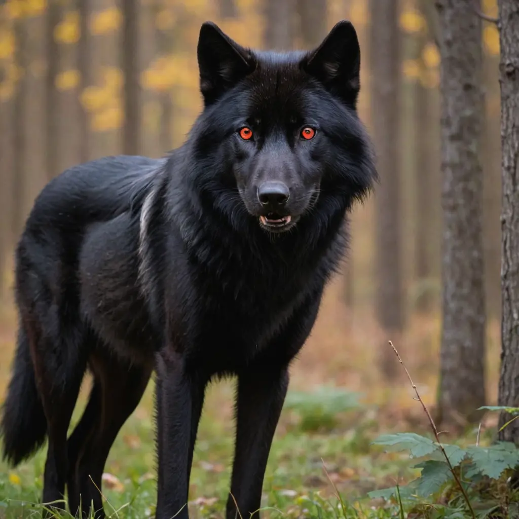 ذئب أسود كبير مع عيون لامعة بلون ألأحمر