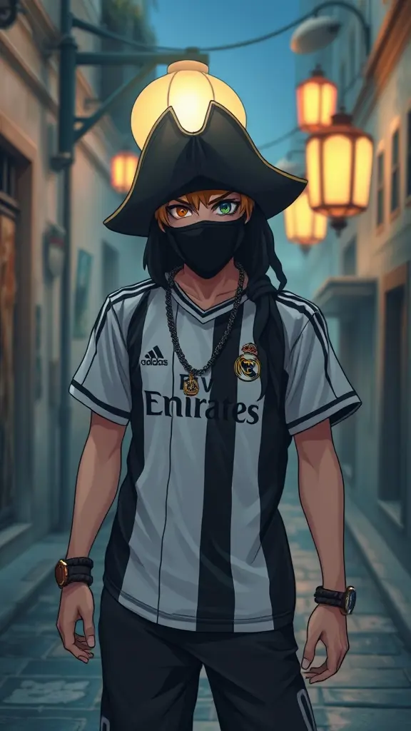 انمي قرصان البحر يرتدي قميص ريال مدريد لونه اسواد وابيض ويخفي واجهه بثوب اكحال مثل الننجة وايضا يخفي عينه اليسرى بثوب اكحال دائري ويرتدي سروال hip hop اصفار في شارع مضلم امام حائط مزخرف يبتسم ابتسامة شريرة