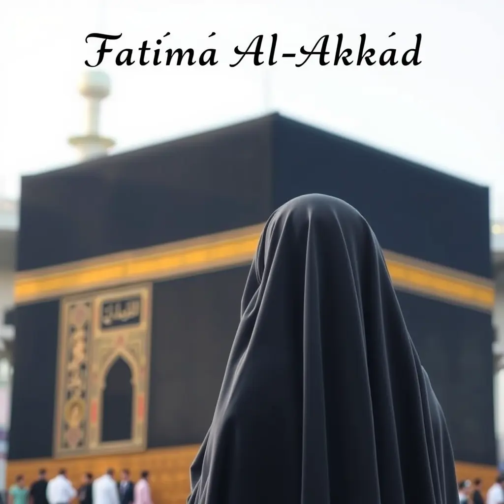 امراة منقبة تصد امام الكعبة و مكتو ب الفوق باللغة العربية فاطمة العقاد