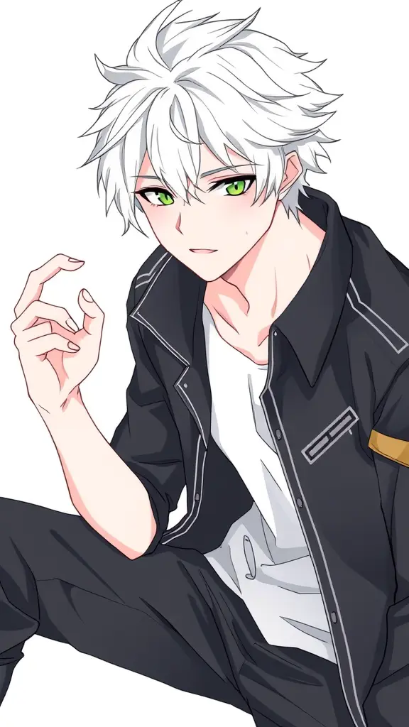 ولد بأسلوب رسم لانمي شعره ابيض وعيناه بلون الأزرق المخضر ذو بنية جيدة ووجه ابيض يرتدي سترة سوداء ببعض الخطوط من كتفيه الا كمه بنفس لون عينيه وسروال اسود وذو نظرة جادة وذوتفاصيل دقيقة بأسلوب رسم الانمي