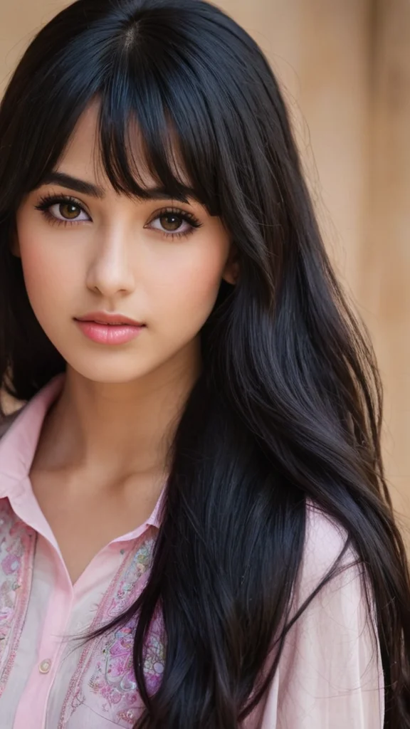 فتاة بملامح عربيه ذات وجه بيضاوي ليست سمراء او بيضاء ذات عيون لوزيه كبيره طبقيه سوداء شعرها اسود طويل لديها غره خفيفه تغطي جبينها شفتيها ممتلئه جميله ورديه