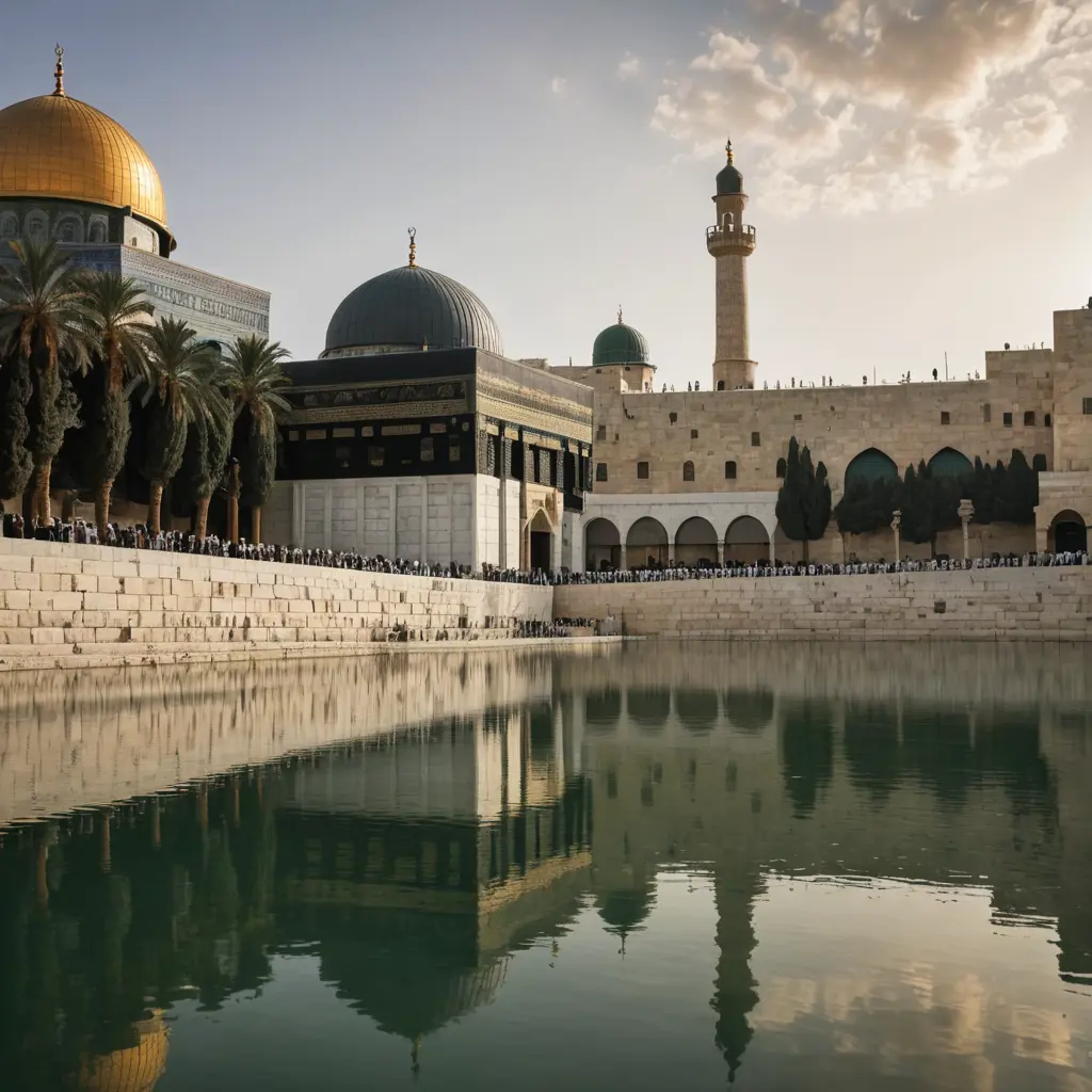 شعار يدمج مابين الكعبة المشرفة وقبه المسجد الأقصى مكتوب تحتها نهر من الحسنات