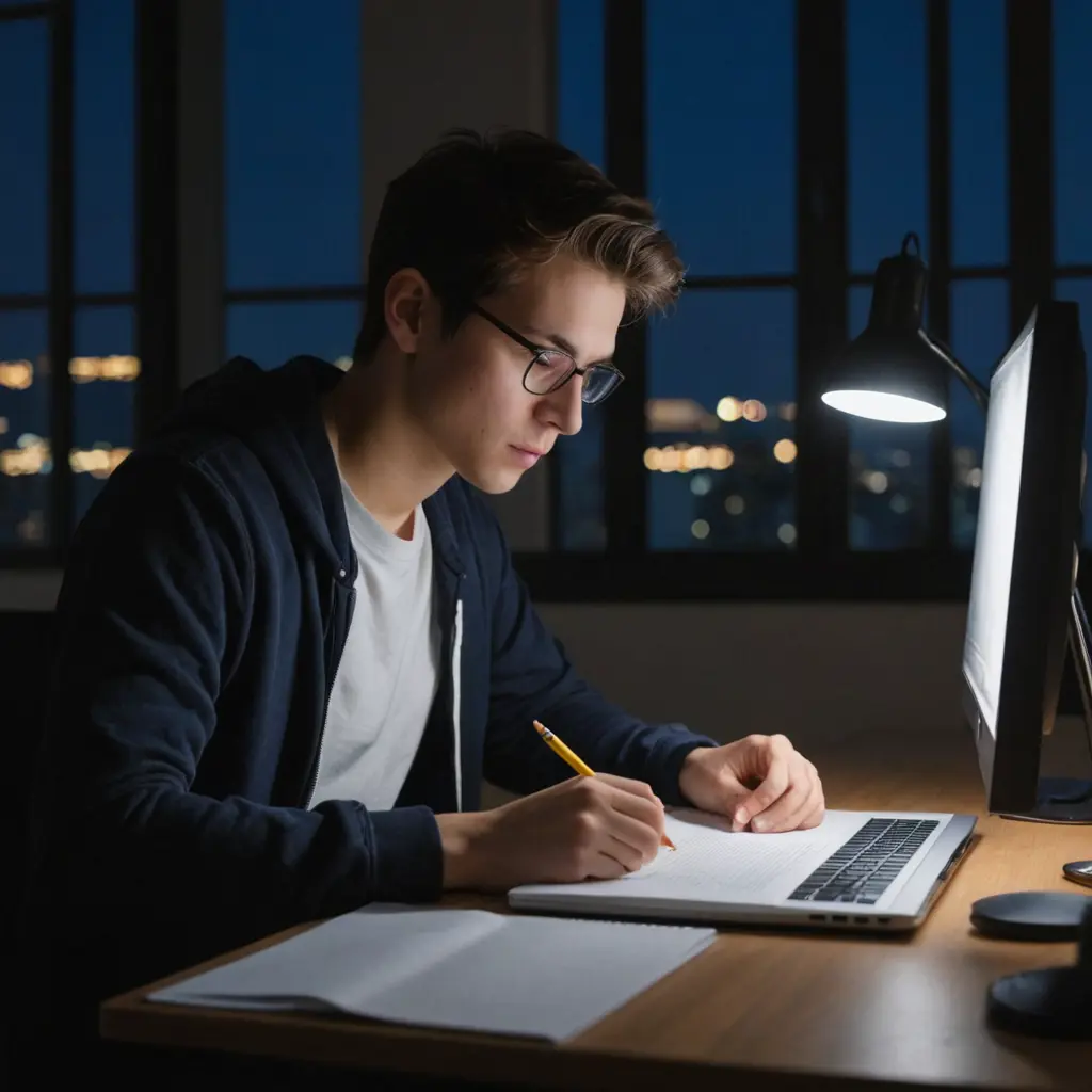 طالب يذاكر معه امتحان وجالس يذاكر في الليل على الكمبيوتر