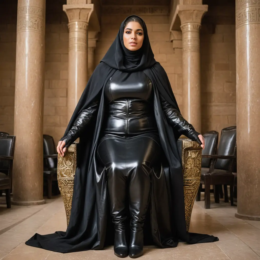 امرأه محجبه مصريه ترتدى معطف جلد اسود لامع طويل وتكون ذات اكتاف عريضه وترتدى حذاء برقبه ووزنها حوالى 90 كليو جرام وتجلس على كرسى وفى الخلف نساء سمينات ويضعون ايديهم على كتفها
