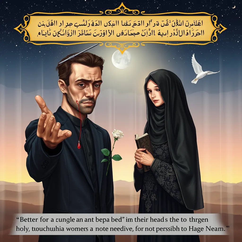 رجل ذو ملامح غامضة، إبرة خياطة فضية لامعة تخترق رأسه من الأعلى إلى الذقن، خيط أحمر رفيع يتدلى مع قطرة دم رمزية صغيرة، يشد ملامحه بصمت مؤلم. يمد يده بحركة سلام مترددة. أمامه امرأة منقبة بثوب أسود مزين بخيوط ذهبية دقيقة، تمسك وردة بيضاء صغيرة أو مصحفًا مغلقًا، يداها متشابكتان بثبات، تقف دون حراك. ستارة شفافة أو ضباب خفيف يفصل بينهما كحاجز أخلاقي غير مرئي. خلفية سماء فجرية مليئة بالنجوم مع ضوء أبيض ناعم ينبعث من الأفق خلف المرأة، وحمامة بيضاء تحلق فوقها. خط ثلث ذهبي في الأعلى بإطار زخرفي إسلامي يكتب: "لَأنْ يُطعَنَ في رأسِ رجلٍ بِمِخْيَطٍ من حديدٍ خيرٌ من أن يمَسَّ امرأةً لا تَحِلُّ له". إضاء