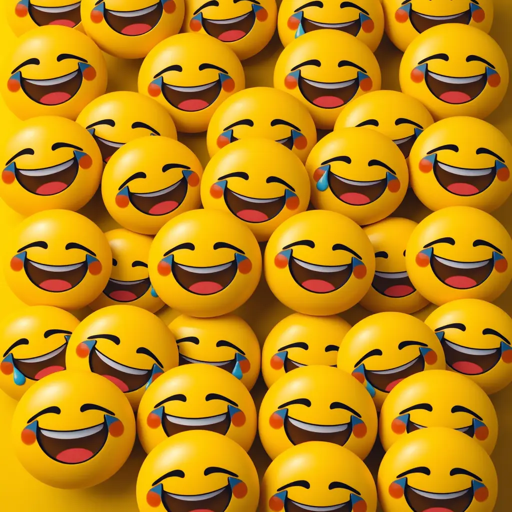 وجوه ايموجي صفراء ضاحكة كثيرة بجانب بعضها البعض ينزل دموع الضحك من عيونها تحت خلفية صفراء بصورة اوسع