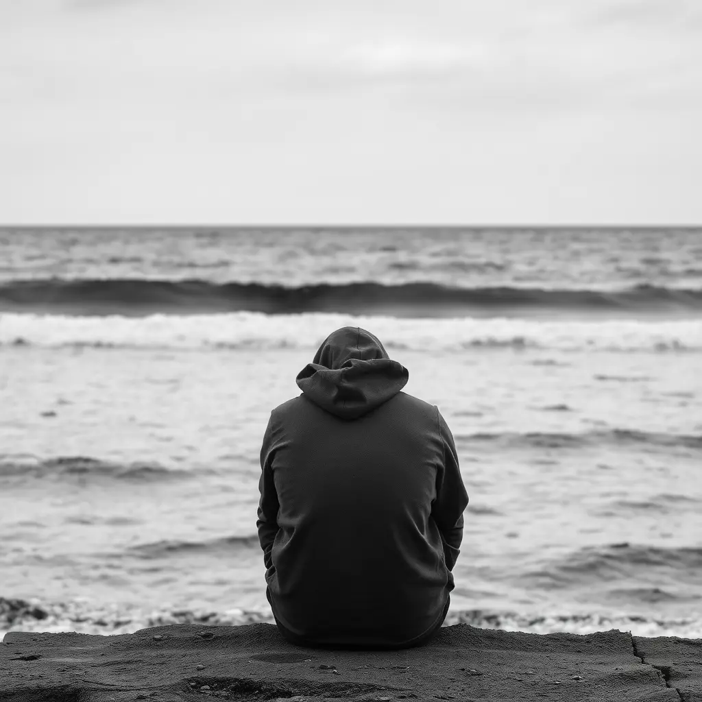 صوره شخص حزين قاعد أمام بحر ابيض واسود
