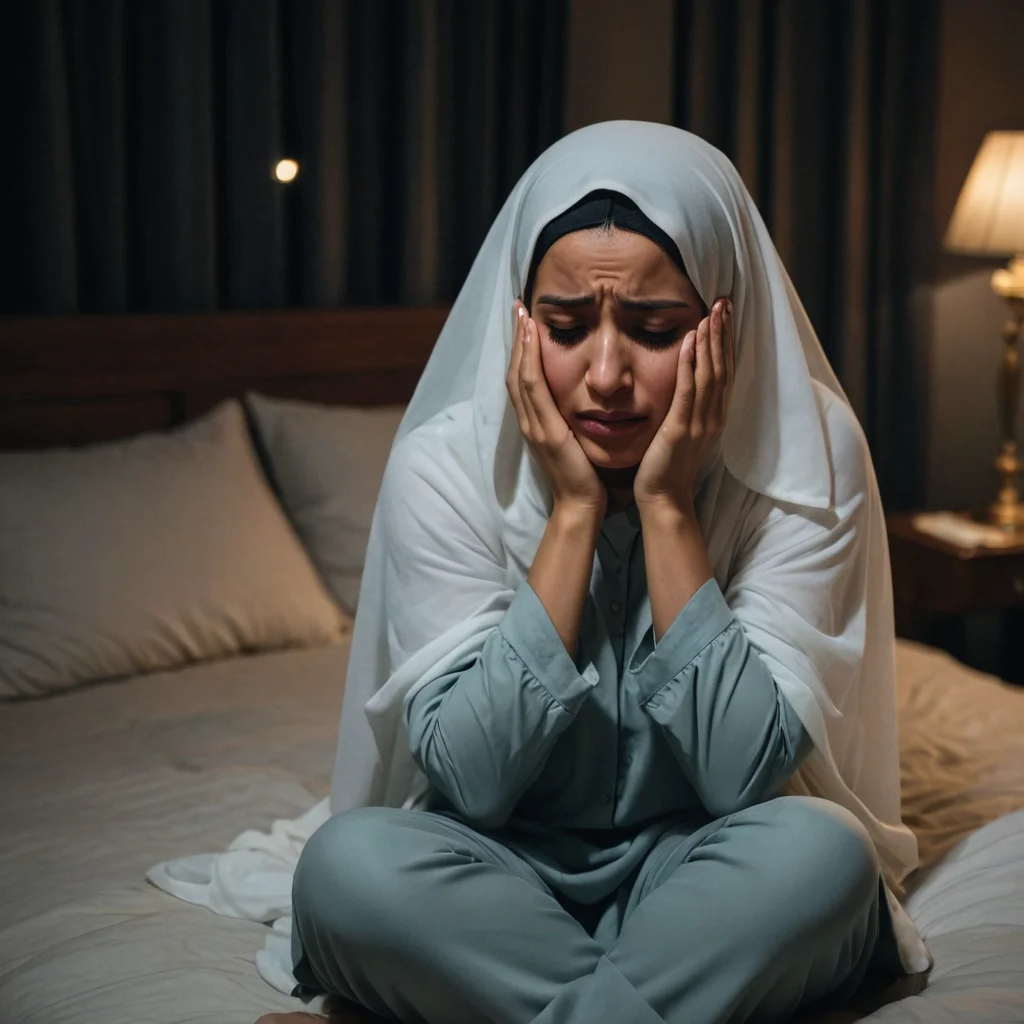 مرأة محجبة مسلمة حزينة تبكي بالدموع تجلس على ركبتيها فوق السرير بالليل وهي تبكي