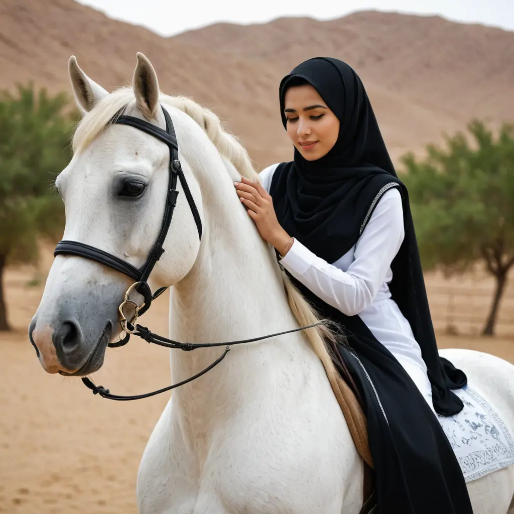فتاه مسلمه ترتدي الحجاب الشرعي الاسود وتغطي وجهها وتركب على الخيل العربي وبيدها الاخرا تمسك حصان ابيض جميل