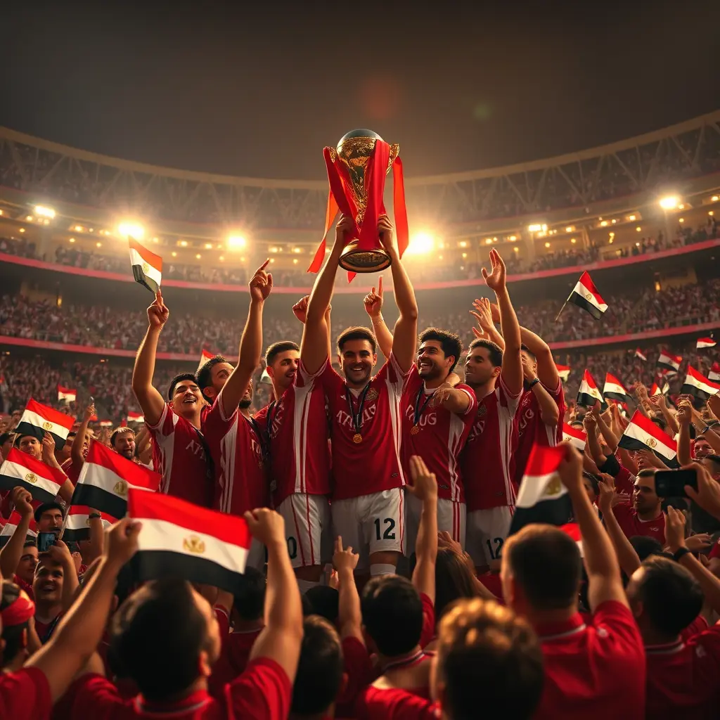 صورة لنادي الأهلي يحتفل بكأس العالم للأندية في أجواء استادٍ فخمة. يرتدي أعضاء النادي زيّهم الأحمر والأبيض الزاهي، ويغمرهم الفرح وهم يرفعون الكأس الغالية عالياً. يمتلئ الاستاد بالجماهير المتحمسة التي تلوح بالأعلام المصرية وترتدي ملابس متناسقة. تغمر أشعة الشمس الذهبية الناعمة المشهد، مُلقيةً بريقاً دافئاً على الجماهير. أجواءٌ حماسية، تُجسّد لحظة الانتصار في صورة سينمائية.