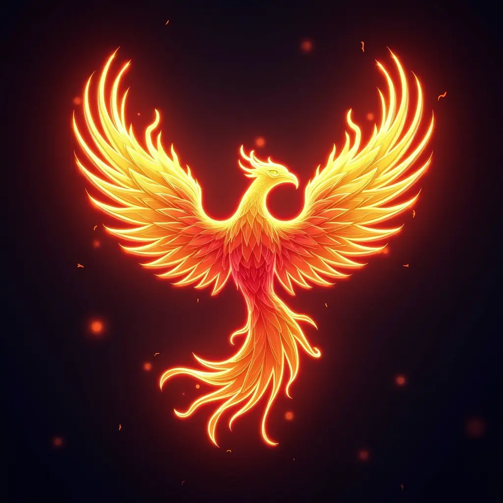 شعار طائر العنقاء يخرج من نيران رقمية، بمظهر مستقبلي وألوان نيون مضيئة، ثلاثي الأبعاد