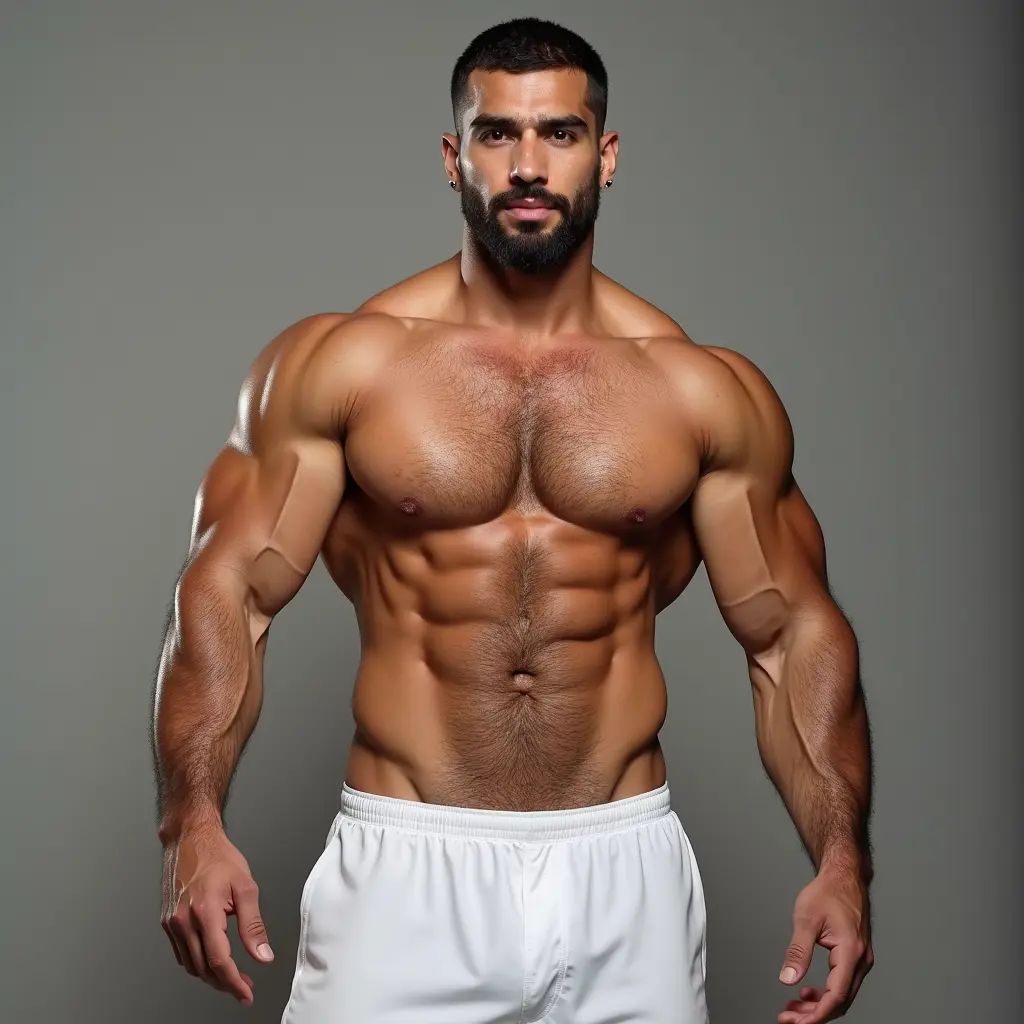 رجل عربي لديه عضلات صدر وبطن وذراع ضخمة وقوية جدا ووسيم جدا يلبس الملابس الداخلية البيضاء الفانيلة والسروال العربيتين من متجر الأصيل للملابس الرجالية