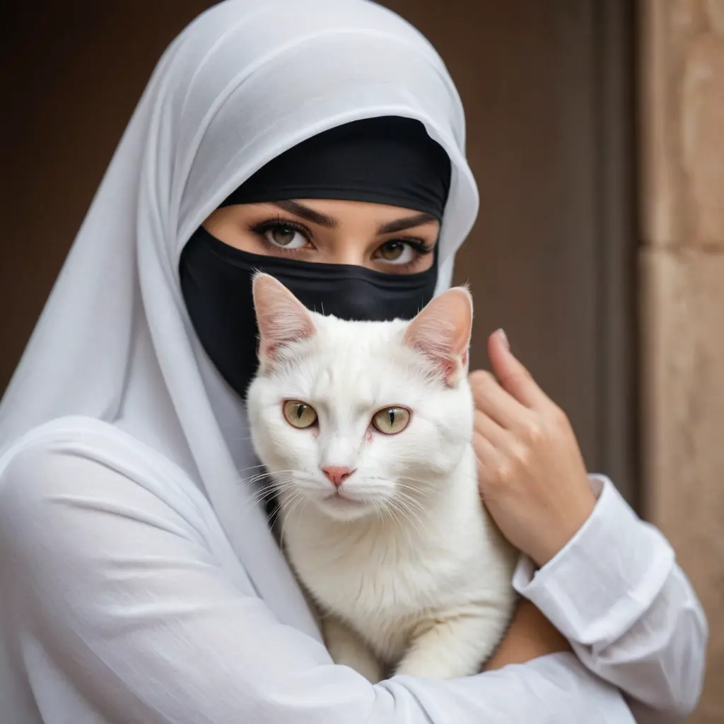 قطة بيضاء مع بنت بالنقاب