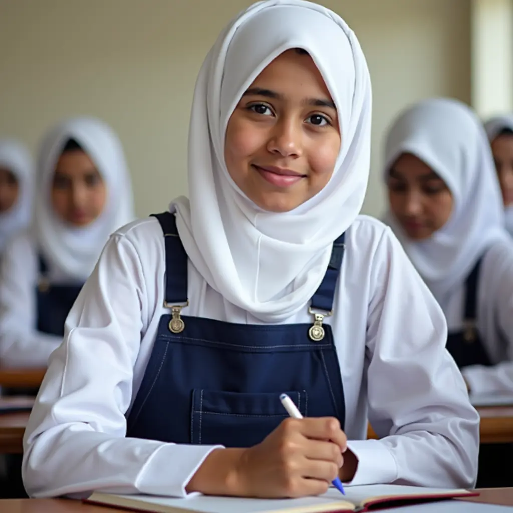 طالبة عمانية بعمر ١٦ عاما ترتدي الزي المدرسي عبارة عن حجاب أبيض اللون و مريولا كحلي اللون و قميصا أبيضا تختبر في قاعة الصف مع زميلاتها الطالبات العمانيات المحجبات