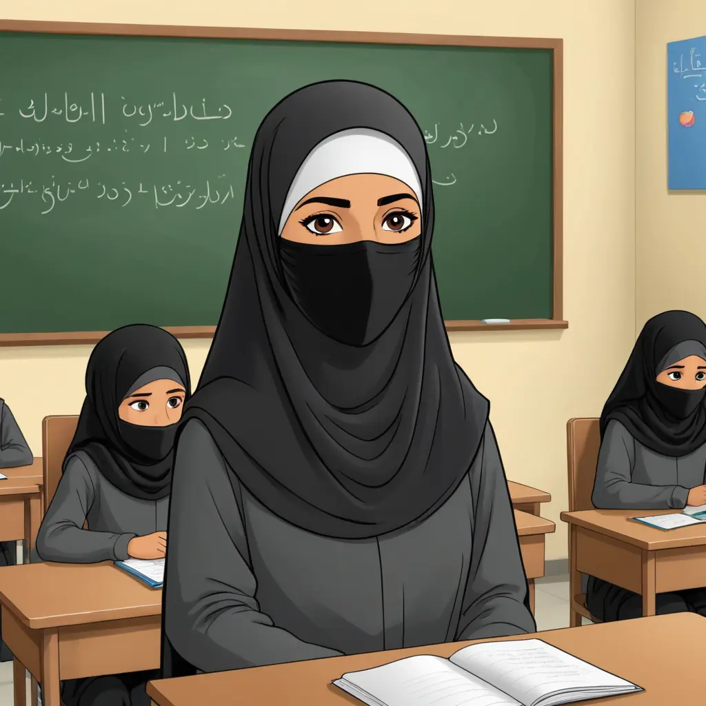 صورة كرتونية لمعلمة يمنية محجبة منقبة ت عند السبورة أمام طالباتها البنات في المرحلة الابتدائية في الصف الرابع والطالبات محجبات يرتدي ملابس المدرسة يستمعون إليها بتركيز