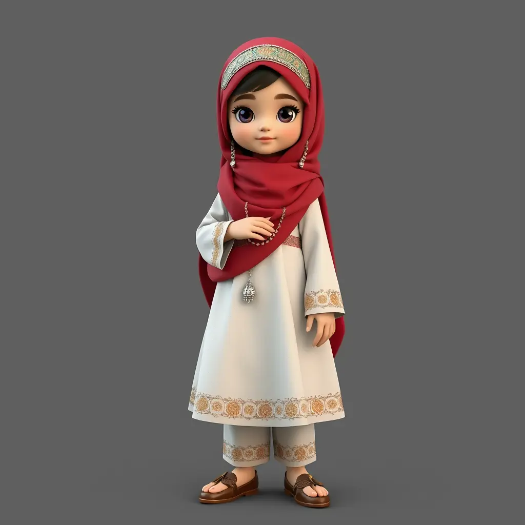 صورة فتاة تلبس الزي العماني التقليدي. الدشداشة والحجاب العماني والإكسسوارات العماني ية الفضية التقليدية. والحذاء العماني 3D.