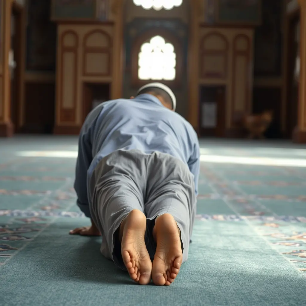 صورة رجل أسمر مسلم يسجد في المسجد و قدميه واضحة