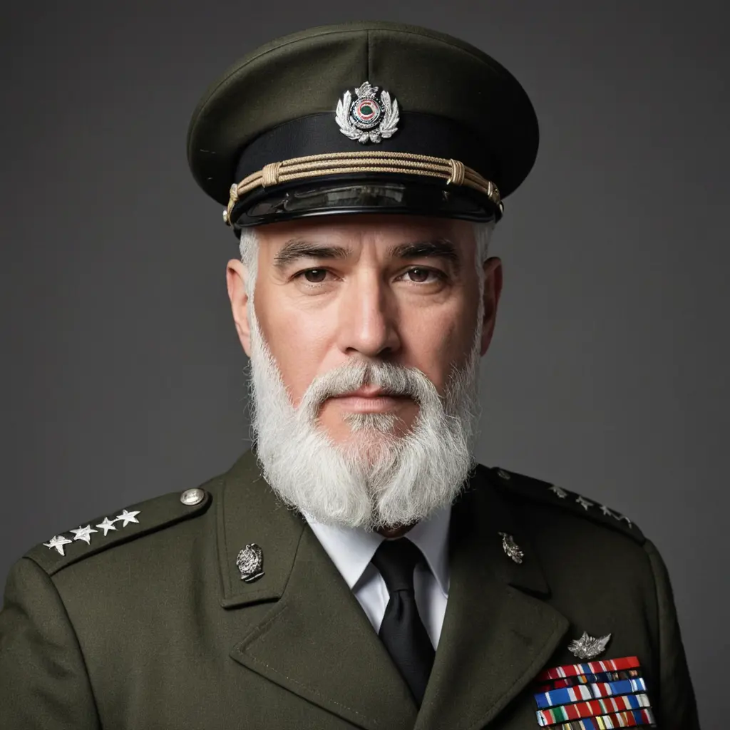 رجل وسيم لديه لحيه بيضاء يرتدي ملابس عسكريه