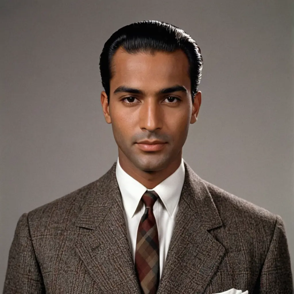 صورة رجل اسمر البشرة ذو ملامح عربية عريض الوجه وشعره قصير خشن وتريحة للخلف يرتدي معطف بمربعات صغيرة شتوي وبدلة بدون ربطة عنق موديل 1950 والخلفية بني رمادي