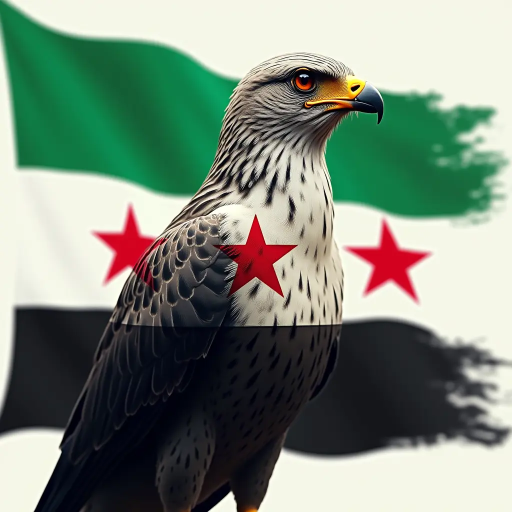 طائر الشاهين مع علم الثورة السورية و العلم اخضر من الأعلى ابيض في المنتصف اسود من الاسفل و 3 نجمات باللون الأحمر في المنتصف