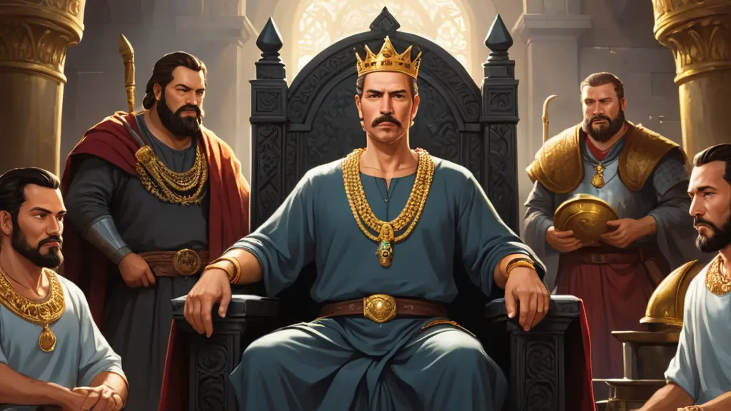 صورة ملك يجلس على كرسيه ومعه عقد من ذهب وأمامه رجل بسيط يعمل حداد وحوله حاشيته ووزرائه.. رسم كرتوني