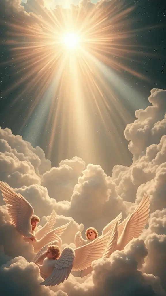 Write a powerful description of angels overwhelmed by the majesty of God. These beings of light, usually full of strength, now tremble and fall in awe. Their wings fold, their radiance dims, and they are struck silent as if fainting under the weight of divine glory. The heavens grow still, creation pauses, and the only presence that remains is the overwhelming greatness of God. The angels lie humbled, their light flickering like stars bowing to the infinite."الملائكه مش نساء